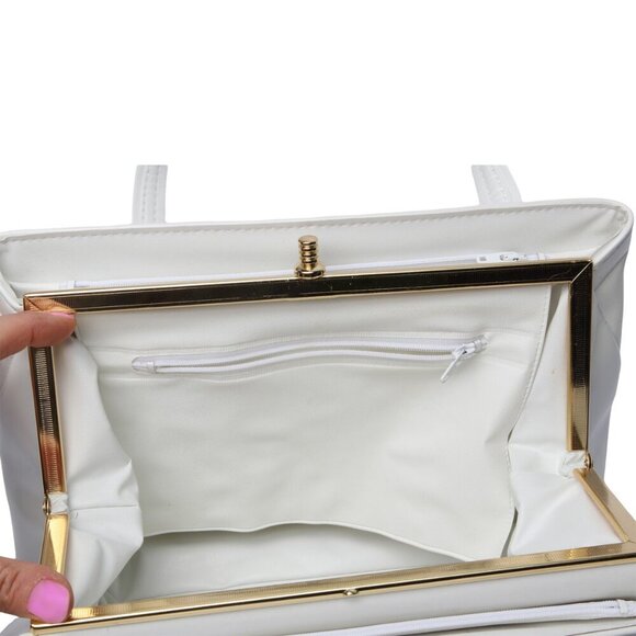 Vintage CALEGO Vegan Faux Leather Handbag 1970s Purse White Gold Simpsons Store - Picture 5 of 11
